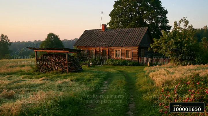 A rural cottage with firewood stack stands in a grassy field surrounded by trees.