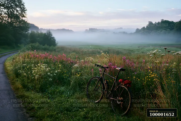 A bike rests beside a meadow beside a rural road in the early morning.