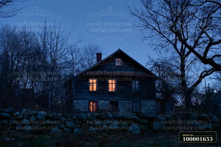 A country house stands under a clear starry sky, with warm light shining from its windows.