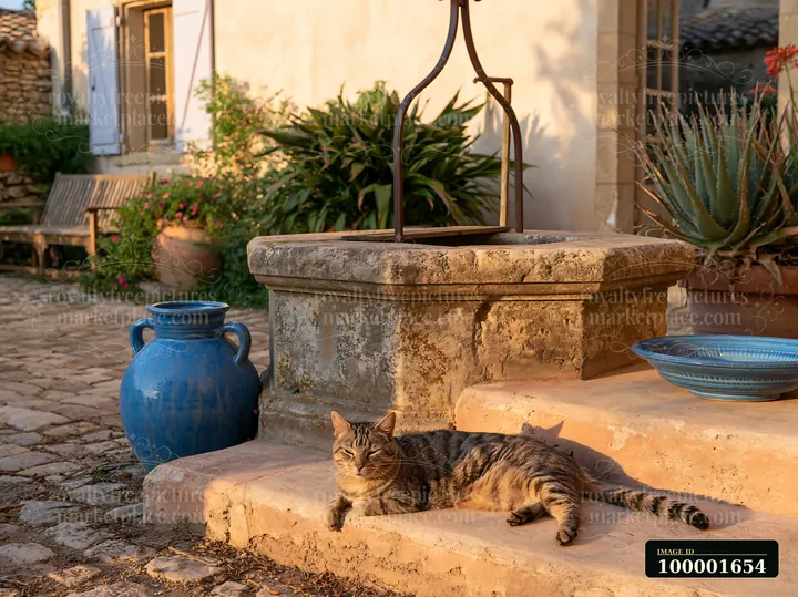 A cat lies on the steps of a farmhouse courtyard with well.