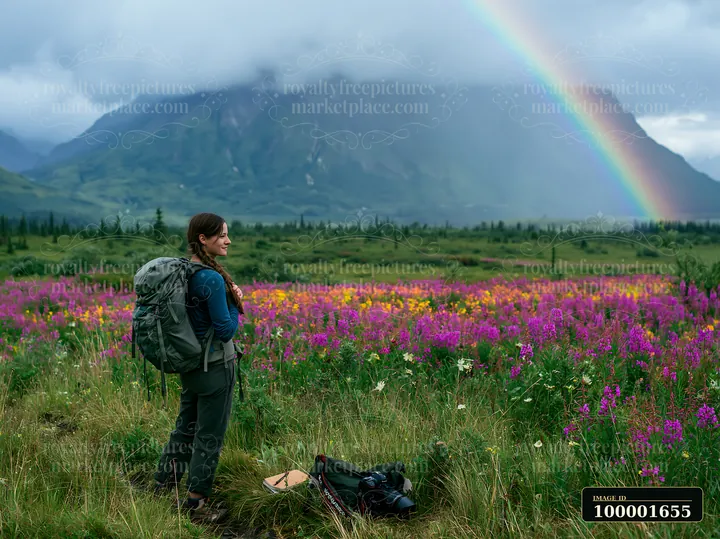 A hiker stands in a meadow beneath a rainbow, surrounded by vibrant wildflowers.