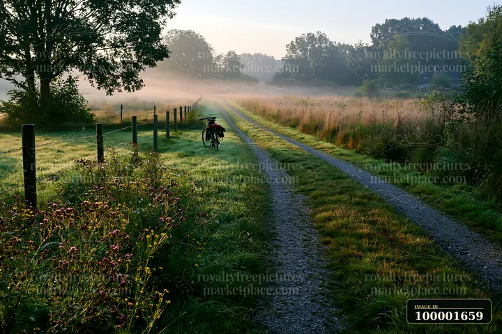 A dog walks along a gravel road beside a meadow beside a rural road in early morning light.