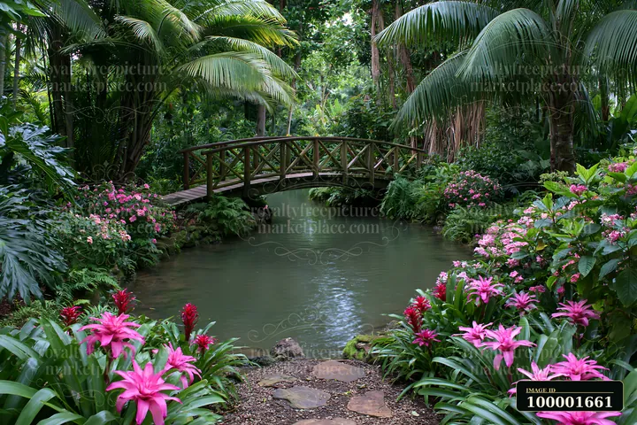 A wooden bridge crosses a small stream surrounded by vibrant flowers and lush greenery.