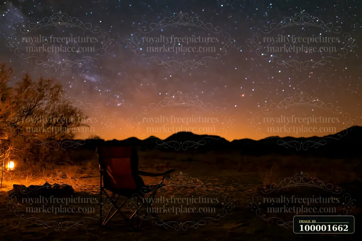 A camp chair sits under a starry night above a desert campsite.