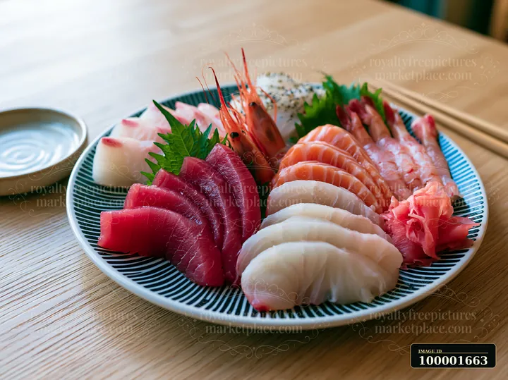 This dish features a sashimi platter with pickled ginger, showcasing a variety of fresh seafood on a decorative plate.