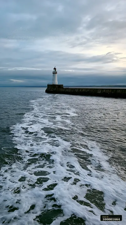 A lighthouse stands on a rocky pier as waves splash against it under a cloudy sky at sunset.