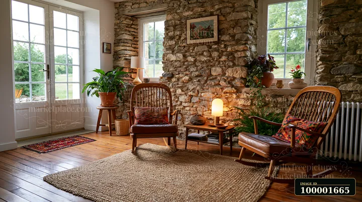 This farmhouse interior features a warm space with an exposed stone wall, wooden floors, and comfortable seating.