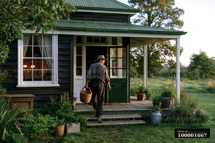 A person walks out of a country house with an open front door, holding a basket.