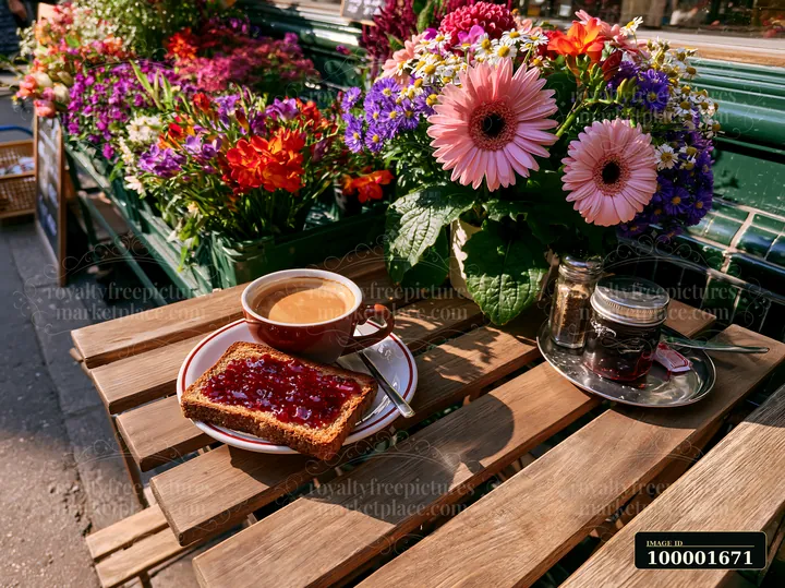 A street cafe table is set with a cup of milk coffee and a slice of toast topped with jam, surrounded by colorful flowers, creating a vibrant outdoor dining sce