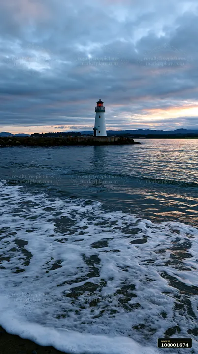 A white lighthouse stands tall by the water as waves lap at the shore.