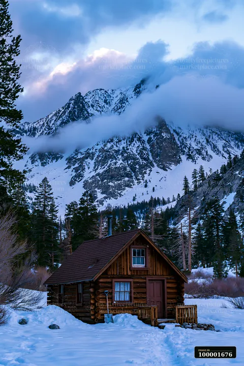 A log cabin stands in the snow with dramatic clouds around alpine peaks in the background.