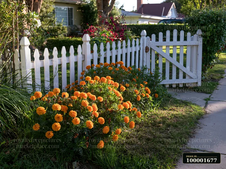 A bed of vibrant marigold flowers grows beside a white picket fence in a front yard.