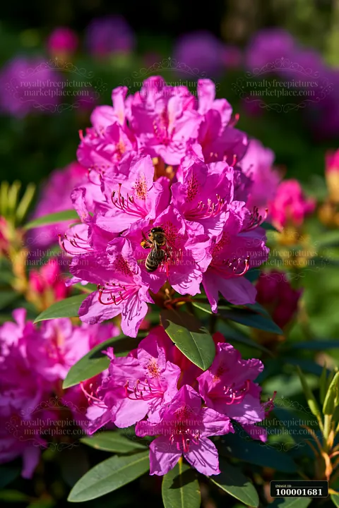 A hillside garden shows rhododendron blooming hillside with vibrant pink flowers attracting a bee during sunny weather.