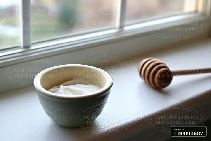 A bowl containing cream sits next to a wooden honey dipper on a windowsill.