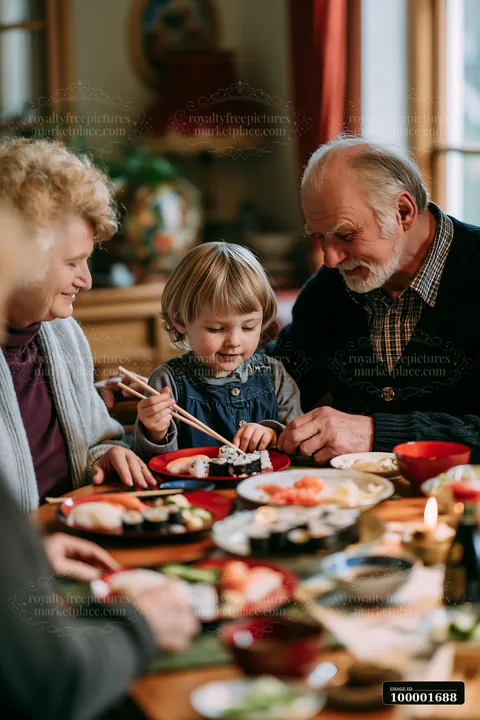A family sharing sushi dinner around a table features a grandmother, grandfather, and a child using chopsticks.
