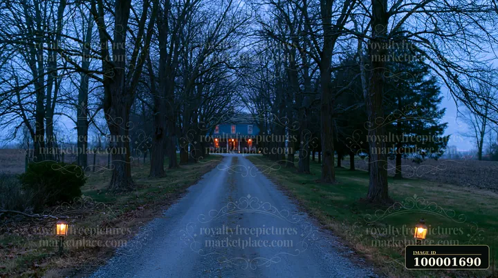 A long gravel driveway leads to a farmhouse, with trees on either side.