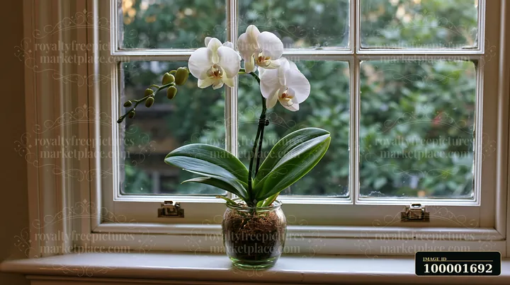 A white orchid flower on a windowsill adds beauty to the room.