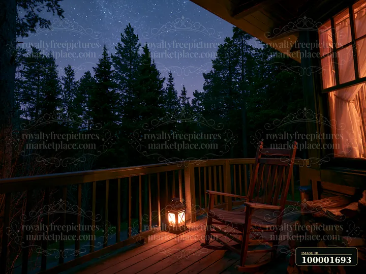 A rocking chair sits on a porch next to a lantern, with a clear sky filled with stars above a distant pine forest.