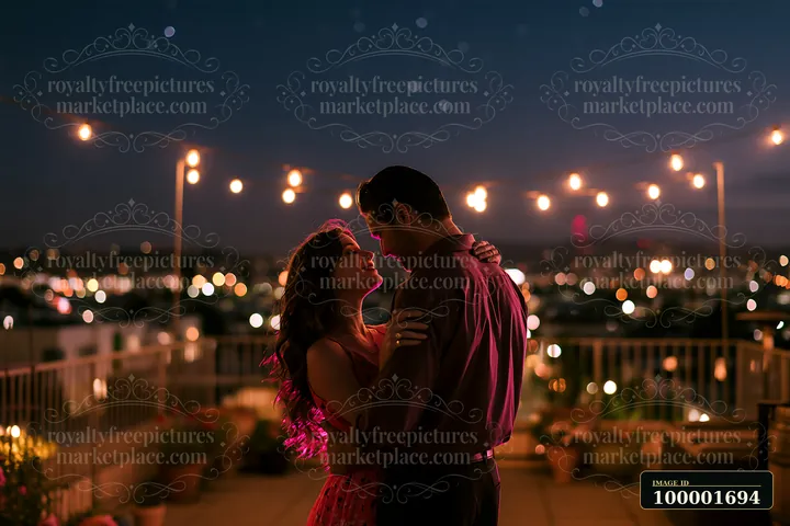 A couple dances under stars outdoors on a rooftop terrace with string lights.