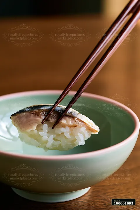 A single sushi piece ready to eat with chopsticks is lifted from a bowl, highlighting the rice and fish.