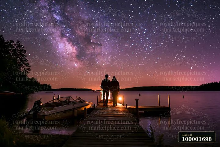 A couple stands on a dock overlooking a lake, under a clear sky filled with the Milky Way.