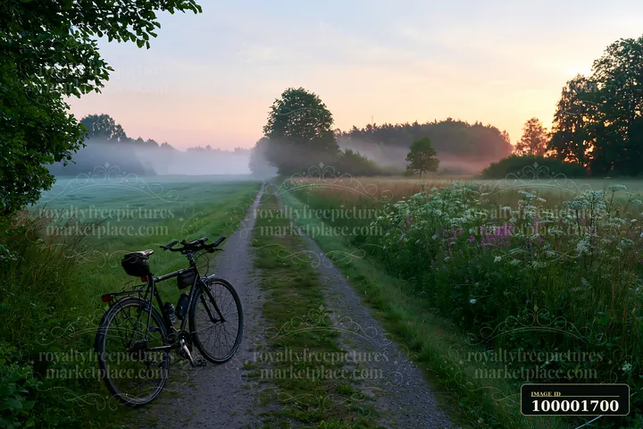 A bicycle leans against the gravel path beside a meadow beside a rural road.