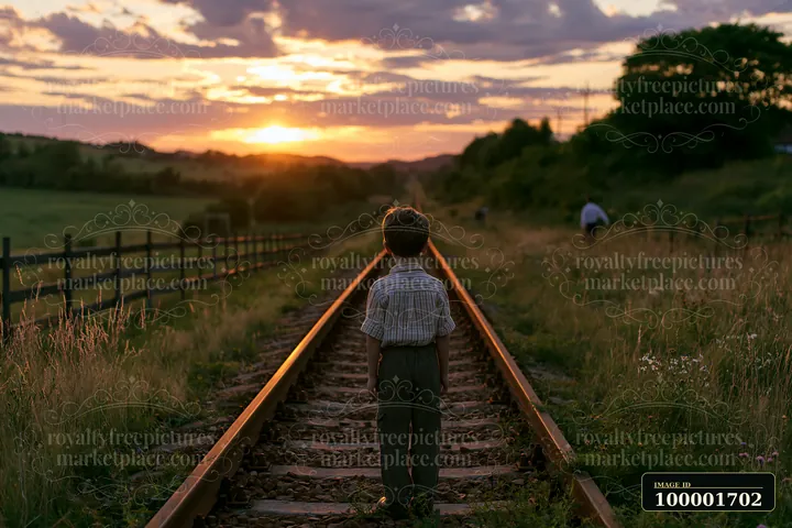 A child looks at the sunset while standing on railway tracks situated alongside a meadow.