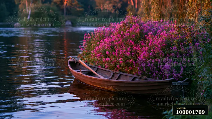 A boat is filled with vibrant flowers and rests by a river, reflecting the golden light of sunset.