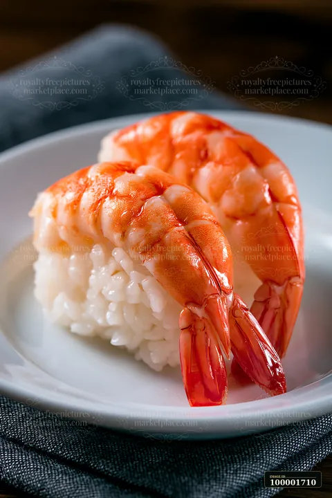 One shrimp sushi piece on white plate shows a portion of sushi with shrimp on a bed of rice served on a simple white dish.