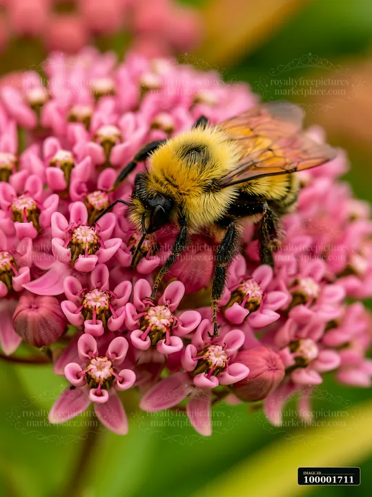 A bee collects nectar from milkweed flowers in a vibrant garden.