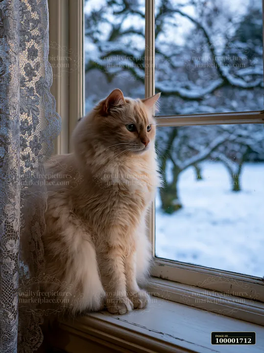 A cat is sitting on a windowsill in a country house, looking outside at the snowy landscape.