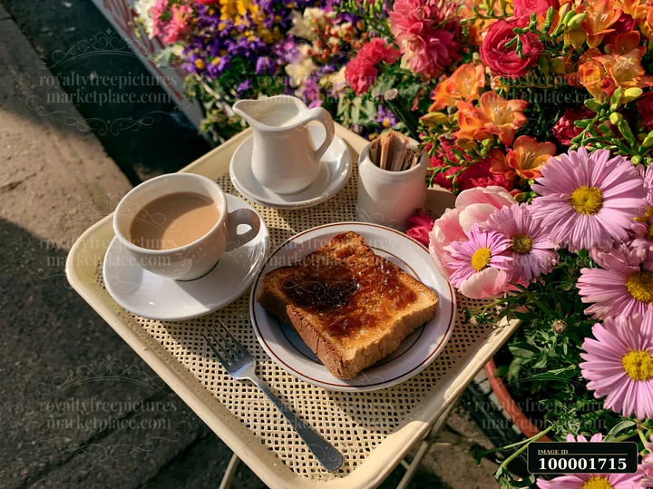 A street cafe table displays a cup of milk coffee, a plate of toast, and a small pitcher.