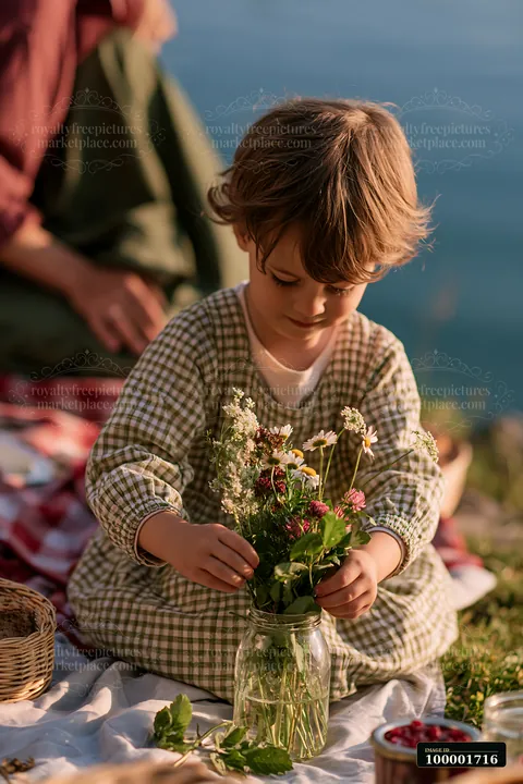 A child sits on a blanket at a picnic near an alpine lake, arranging wildflowers in a glass jar.
