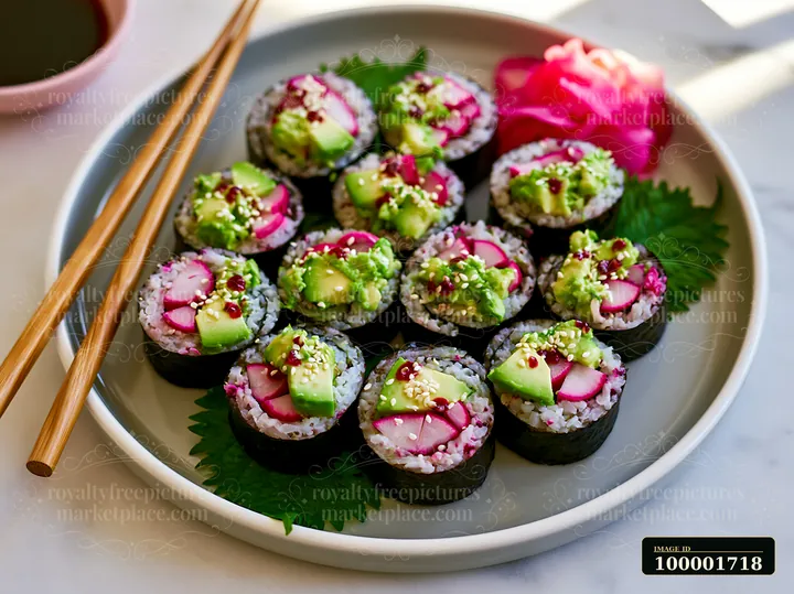 Sushi rolls with shiso leaves display various colorful toppings, including avocado and radish, arranged on a round plate.