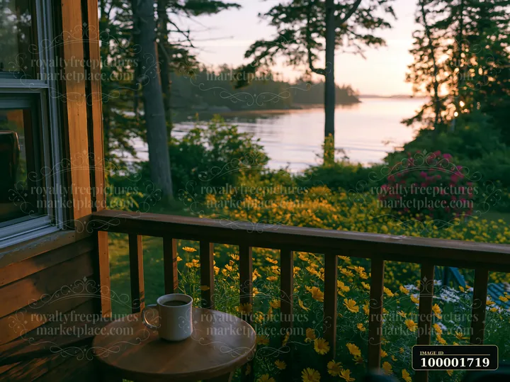 A wooden porch offers a view of the lake as the sun sets.