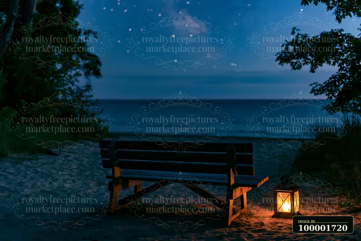A wooden bench sits on sandy ground near the beach, illuminated by a lantern.