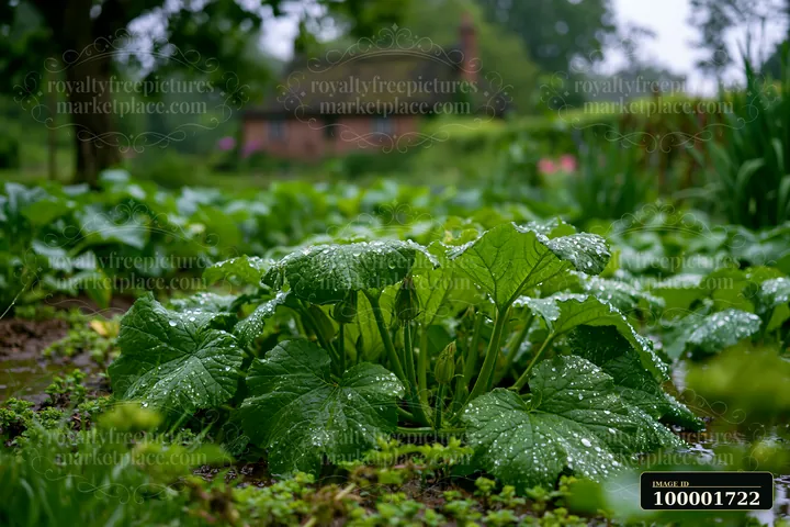 A rural cottage stands in the background as fresh green vegetables covered in raindrops fill the foreground.
