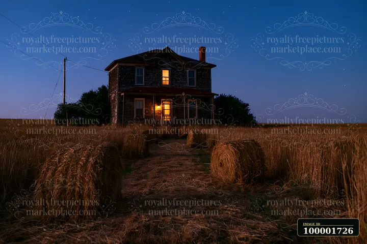 A cottage under stars stands in a field surrounded by straw bales.