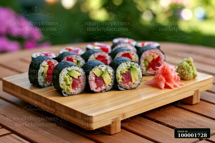 Sushi rolls served on bamboo tray showcase various fillings and colors.