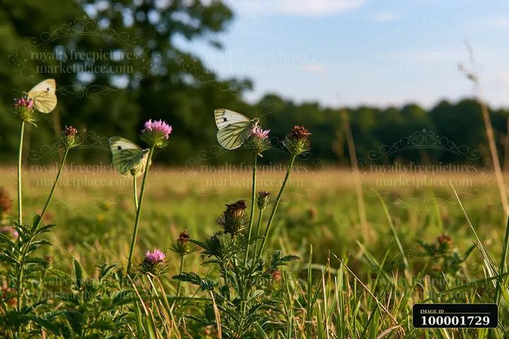 A meadow recovering after mowing shows grass and wildflowers with butterflies.