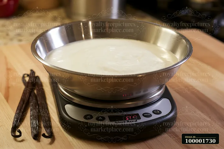 Cream dose with vanilla pods is placed in a metal bowl on a digital scale.