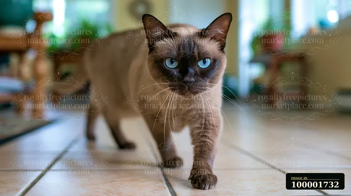 A Tonkinese cat walks across a tiled floor in a home environment.