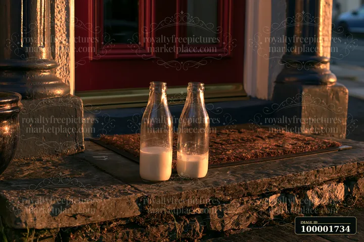 Two glass milk bottles sit on a doorstep in front of a red door as the sun rises.