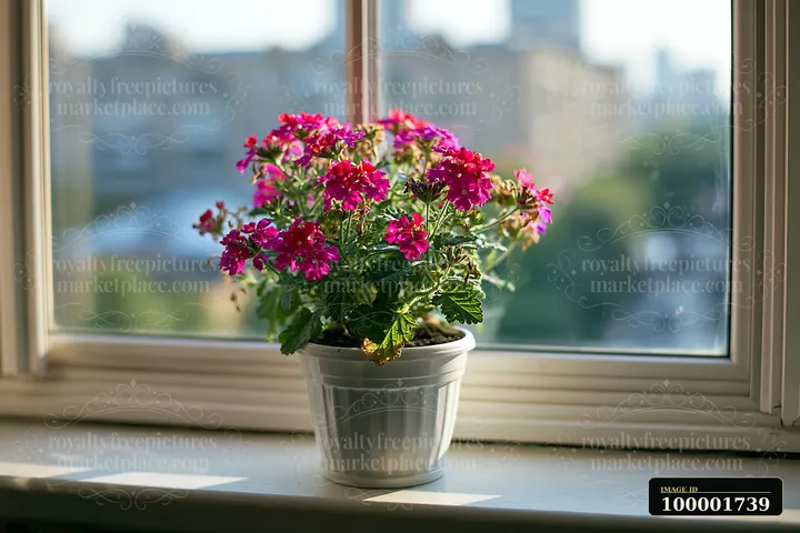 Bright verbena flowers in container stand on a windowsill with a view of a city.