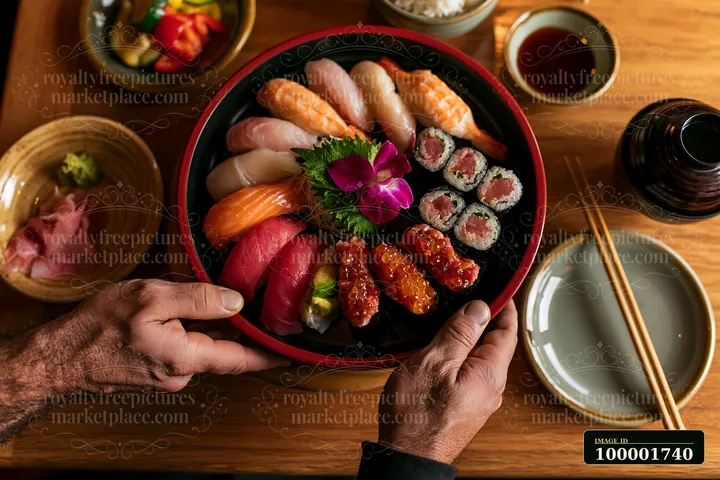Hands hold a round platter filled with various types of sushi, including nigiri, rolls, and sashimi.