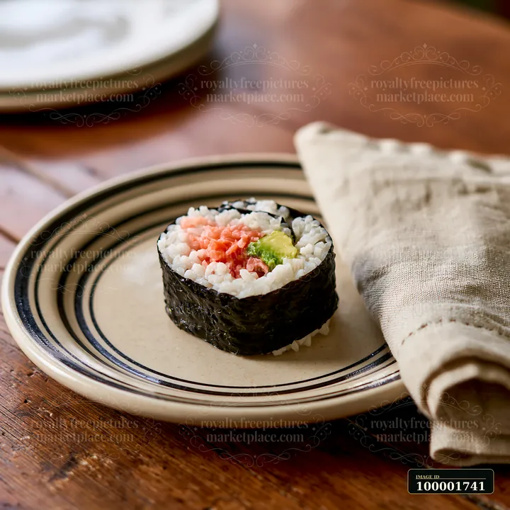 A single sushi roll on ceramic plate placed on a wooden table.