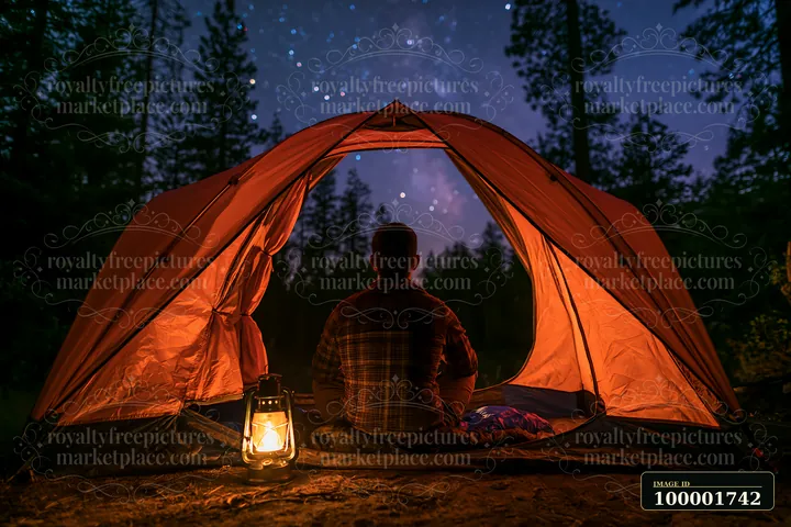 A person sits in a tent, gazing at a starry night sky filled with stars and trees.