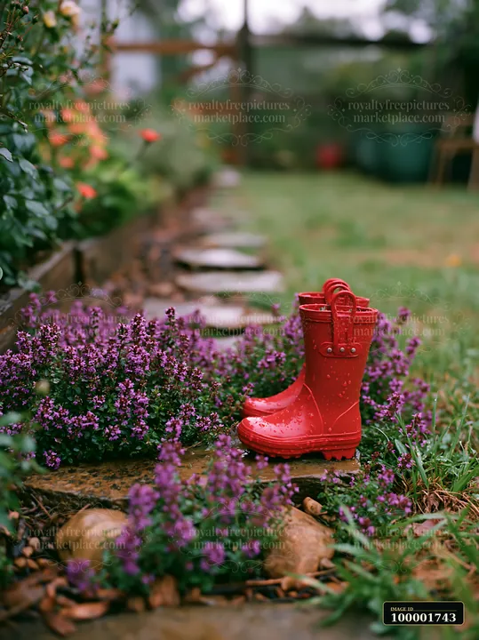 Red rubber boots rest on a stone path surrounded by thyme flowers between stones after rain.