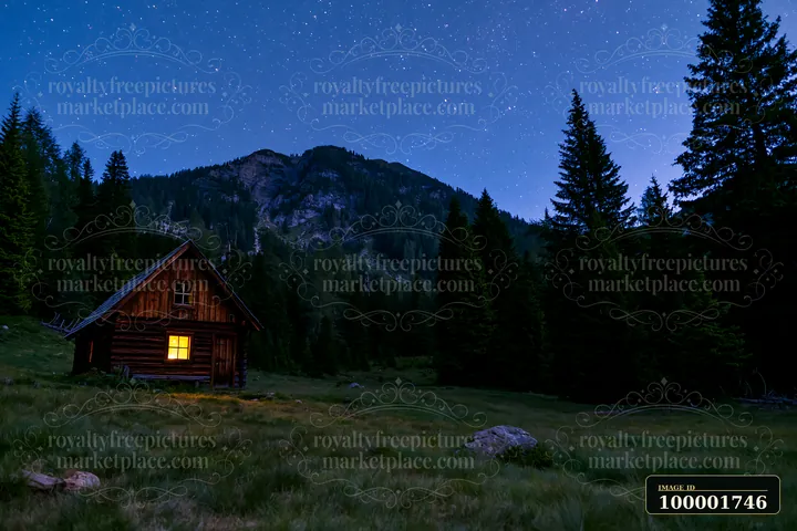 A small home sits in a dark wilderness under a starry sky.