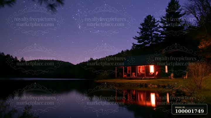 A cottage under stars with an open porch stands next to a lake.